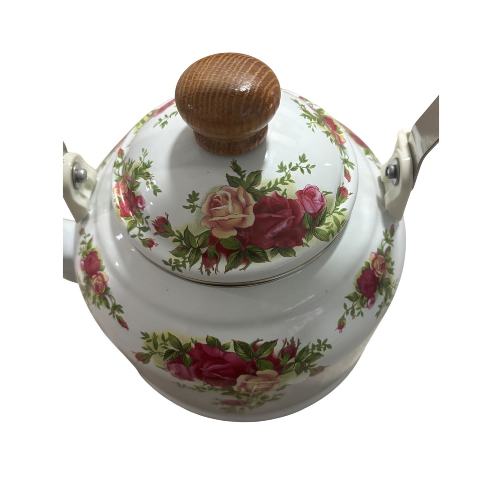Vintage Royal Albert Tea Kettle White Stovetop Pot Wood Handle Rose Pattern - Picture 3 of 13